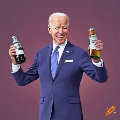 Joe Biden speaking at a podium with hands up and holding a bottle of ...