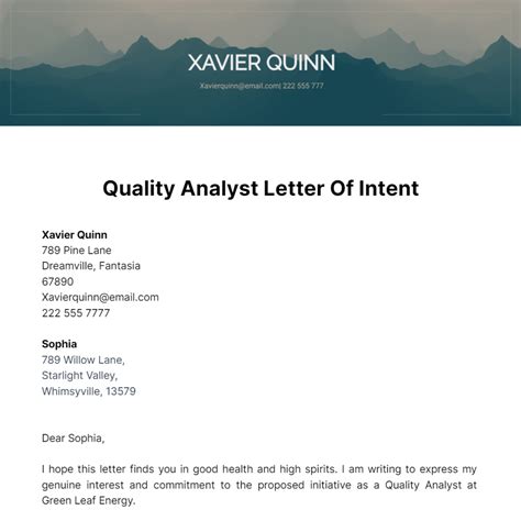 Free Quality Analyst Letter Of Intent Template to Edit Online