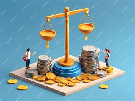 Economic scales cartoon characters weighing coins and bills in 3d miniature diorama art ... - scale of economy