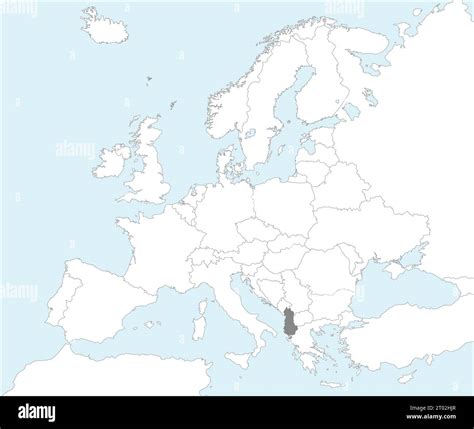 Gray CMYK national map of ALBANIA inside detailed white blank political map of European ...