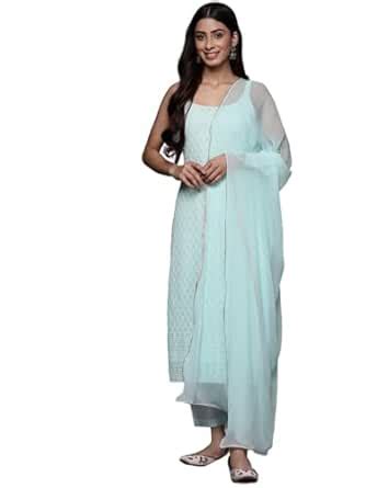 Buy Varanga Light Blue Spaghetti Strap Kurta with Bottom and Dupatta ...