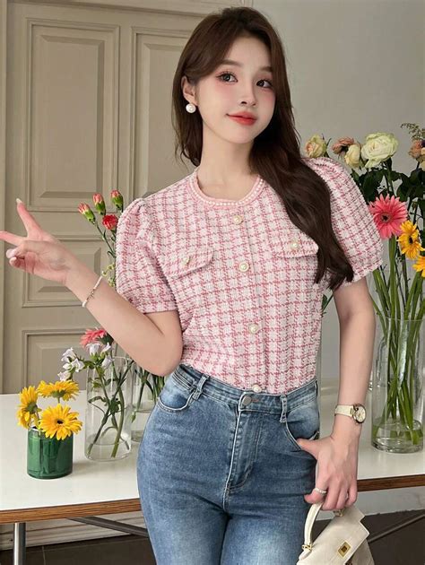 Dazy X KIMYOUJUNG Women Elegant Gingham Bubble Sleeve Shirt For Summer ...