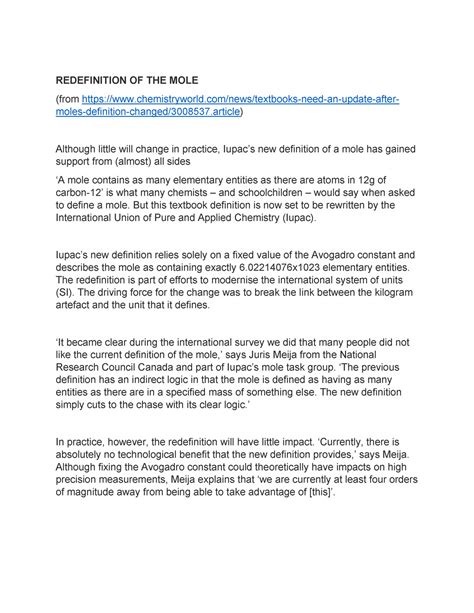 New definition of mole - PARKER - REDEFINITION OF THE MOLE (from - Studocu