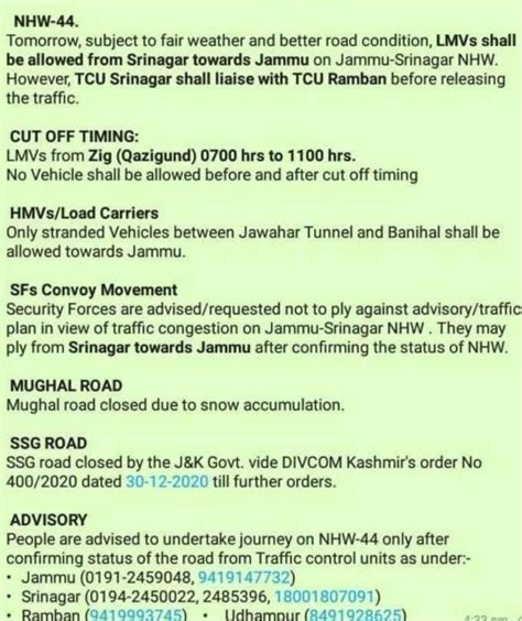 Traffic advisory for Monday on National Highway & other roads
