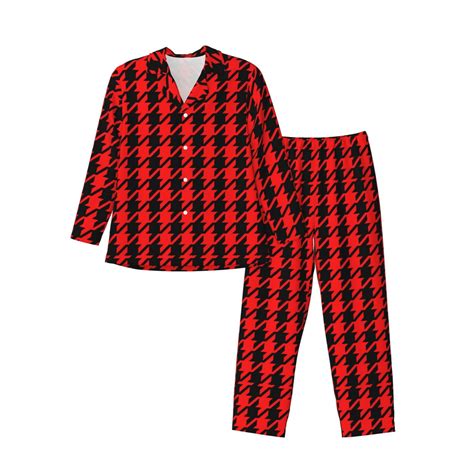 Sikiie Retro red and Black Houndstooth Print Mens Pajama Set, Soft Warm ...