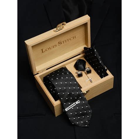 Buy Louis Stitch Men Raven Black Silk Necktie Accessory Gift Set Online
