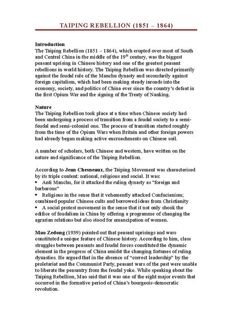 Taiping Rebellion (1851-1864): Key Notes & Analysis - Studocu