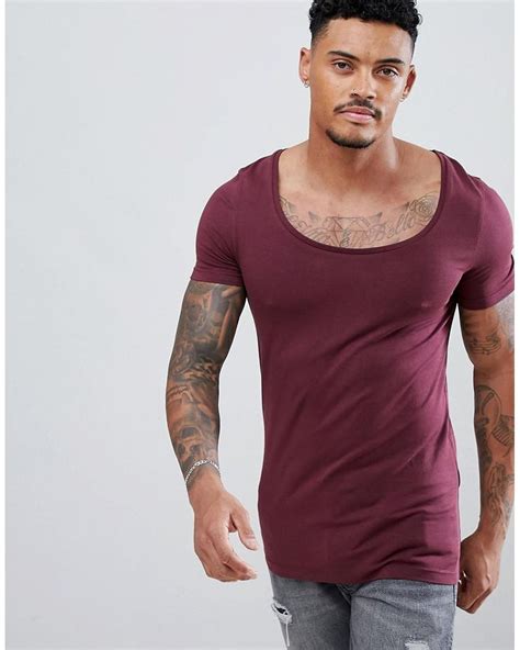 ASOS T-shirt With Deep Scoop Neck In Red for Men | Lyst UK