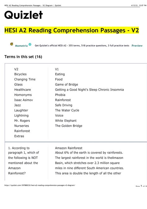 HESI A2 Reading Comprehension Passages - V2 Diagram | Quizlet - ENGLISH ...