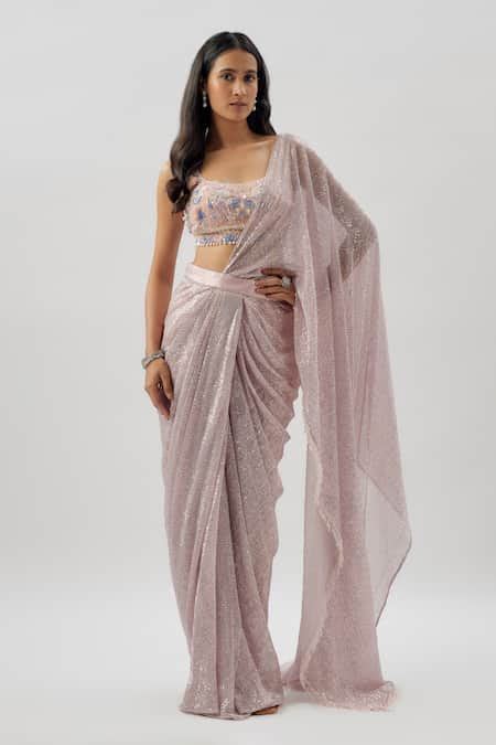 Buy Pink Georgette And Lycra Imported Celestial Pre-stitched Saree With ...