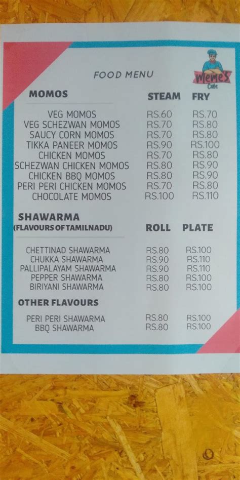 Menu at Meme's cafe, Coimbatore