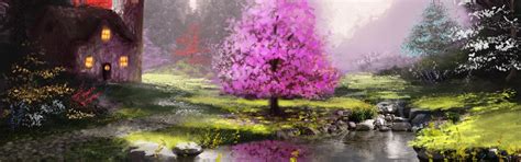 Download wallpaper trees, nature, river, art, house, section painting ...