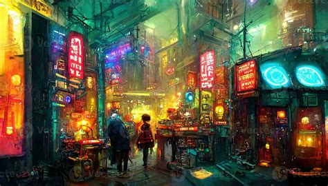 Streets of cyberpunk city, colorful city lights neon signs futuristic ...