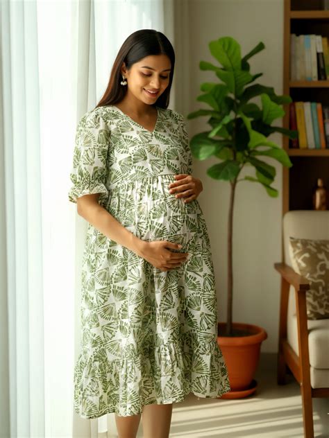 Off-White & Green Floral Block Print Maternity & Nursing Dress – Ziva ...