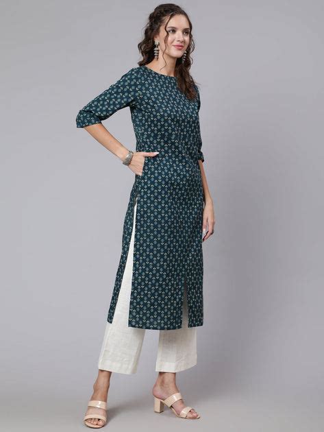 Women Teal Blue Printed straight kurta with three quarter sleeves ...