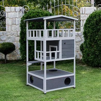 PawHut Feral Cat House Outdoor Kitten Condo Shelter with Raised Floor ...
