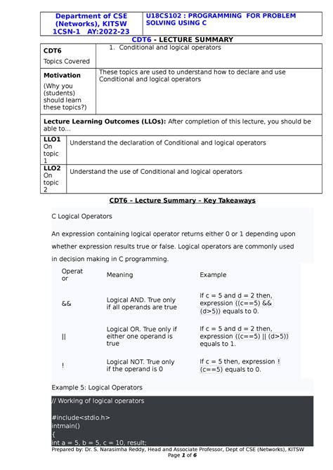 PPSC 6Summary - Notes for ppsc - Department of CSE (Networks), KITSW ...