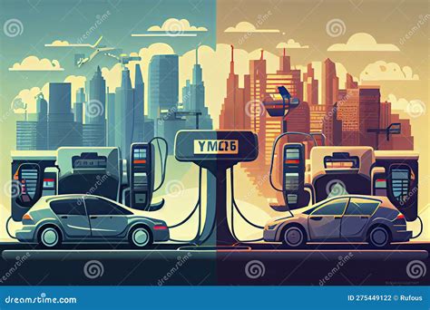 Vector Illustration Comparing Electric Versus Gasoline Car Suv. Electric Car Charging at Charger ...