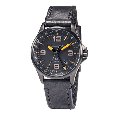 Torgoen T9 Matte Black GMT Pilot Watch | 42mm - Black Leather Strap ...