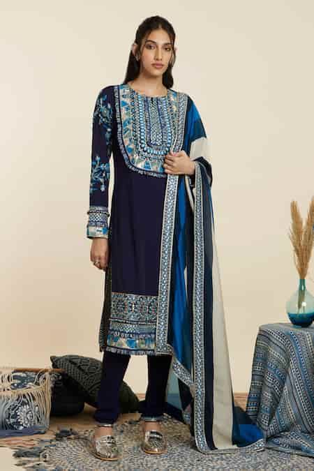 Buy Blue Crepe Woven Floral Round Embroidered Kurta Pant Set For Women ...