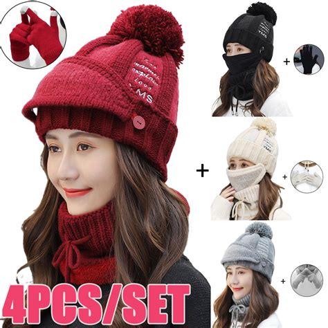 Women Winter Hat Set of 4 , Winter Beanie with Buttons Scarf Facial ...