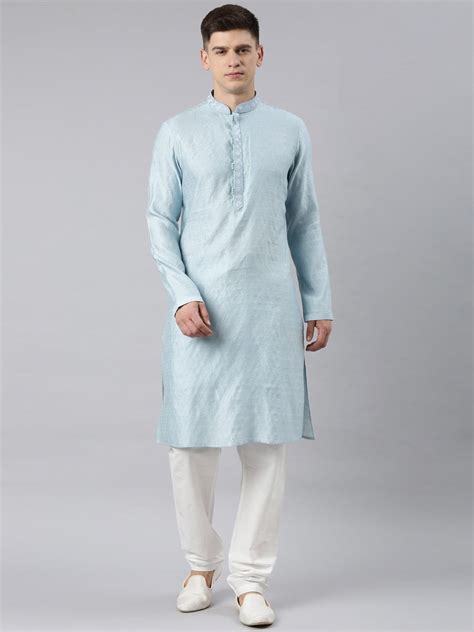 Light blue Jacquard Neck Embroidery Kurta | The Ethnic Co