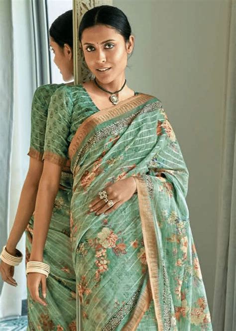 Pure Sequins Linen Weaving Bluish Green Digital Soft Saree – SHANGRILA ...