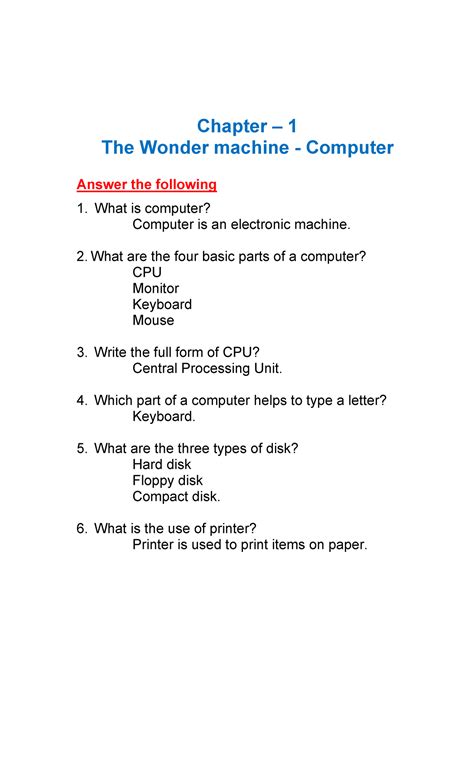 Term 2 Computer - Chapter – 1 The Wonder machine - Computer Answer the ...