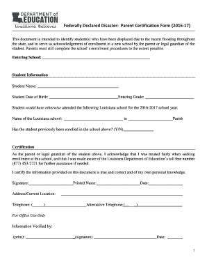 Fillable Online Federally Declared Disaster: Parent Certification Form ...