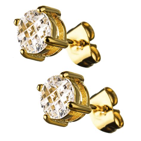 Buy Men's Gold Stainless Steel Grid Setting Round CZ Ear Studs Online ...