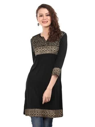 Buy Ira Soleil Women's Black & Golden Printed Three-Fourth Sleeve Kurti ...