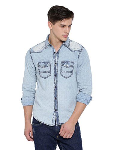 SHOWOFF Mens Denim Full Sleeves Slim Fit Solid Blue Casual Shirt ...