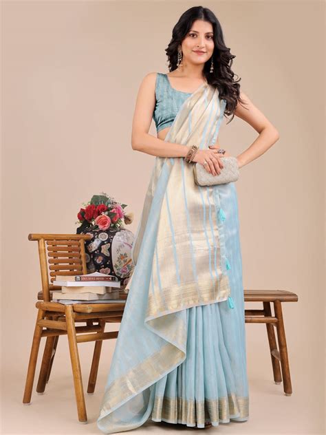 Buy Sky Blue Organza Saree With Blouse Piece Online | Karagiri