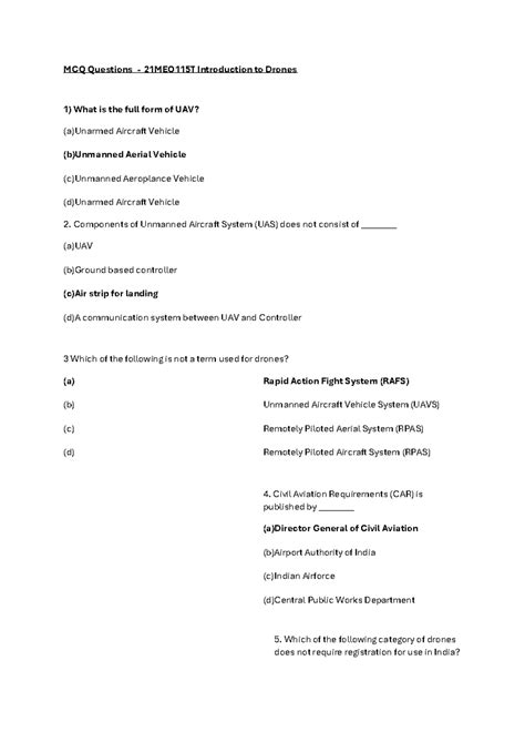 MCQ Questions on Drones for 21MEO115T - Comprehensive Review - Studocu