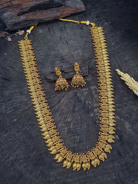Gold Plated Long Mango Laxmi Necklace Set 0825 – Griiham