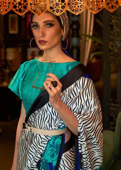 Digital Print Pure Satin Silk White Blue Saree Online Shopping India ...