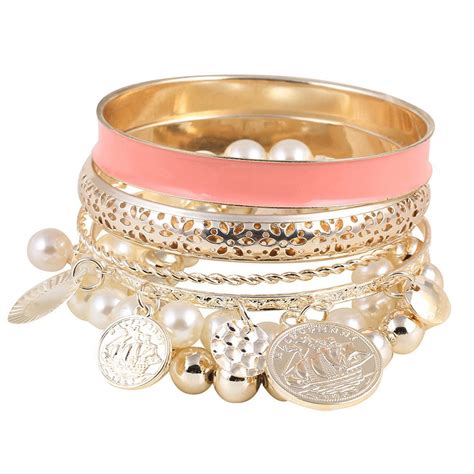 Shining Diva Fashion Pearl Charm Bangle Multilayer Bracelet for Women ...