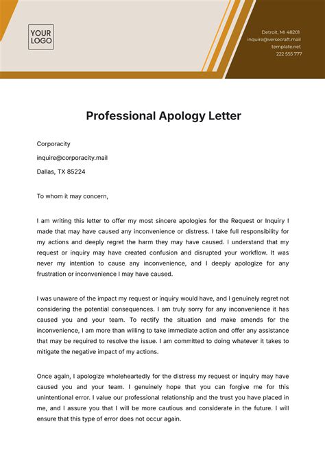 Free Professional Apology Letter Template to Edit Online