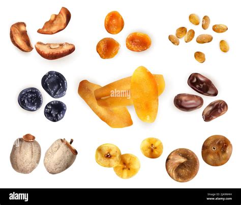 Healthy food set of dried fruits including prune fig pear apricot ...