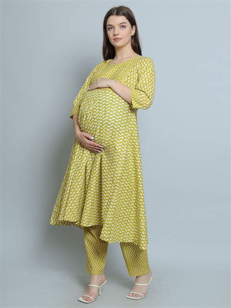 Mustard Pure Cotton Maternity and Feeding Kurta Set