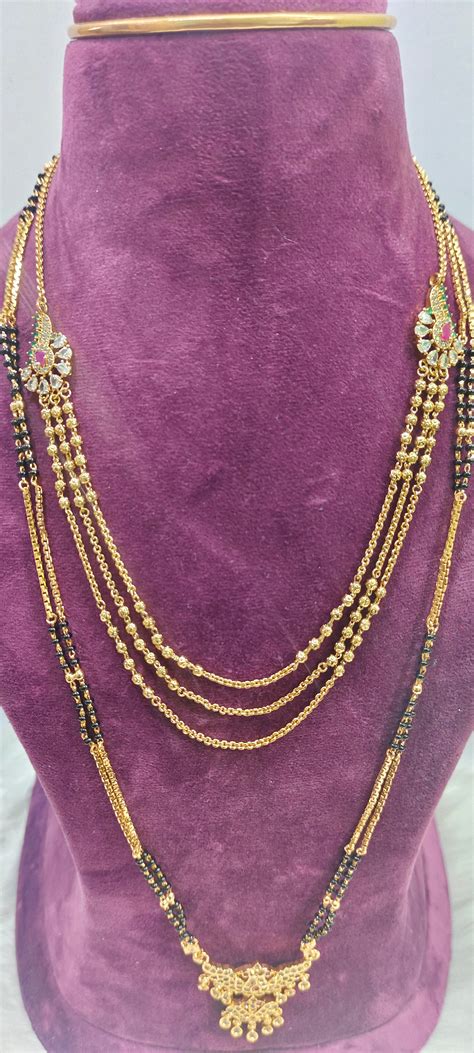 Premium nakshi 3 step necklace with 28" length black beads combo ...