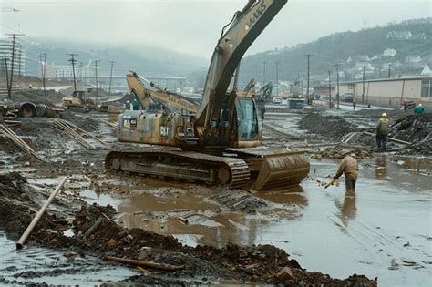 Scraper parked on a construction site with workers in the background ...