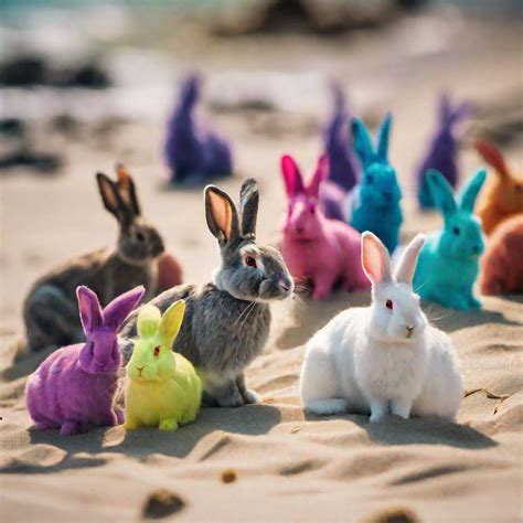Still photo of 20 rabbits in different vivid colours...