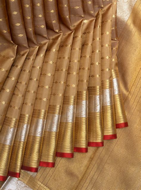 Fawn Gold Zari Stripes Pure Kanchipuram Silk Saree
