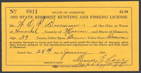 1922 Missouri State Resident Hunting and Fishing License - Waterfowl ...