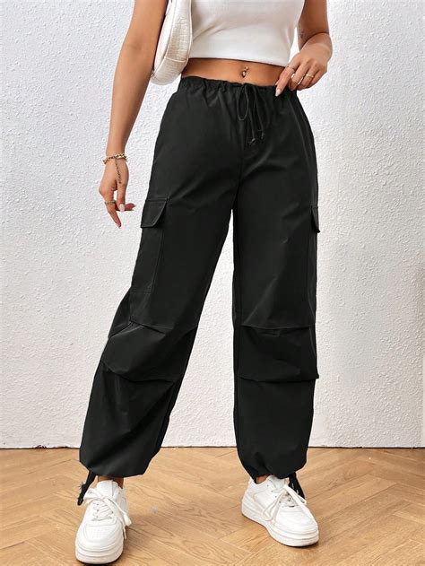 ADELINA SOLID DRAWSTRING WAIST FLAP POCKET SIDE PARACHUTE CARGO PANTS ...