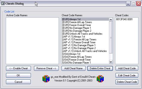 Nemu64 Cheats :: Enabling & Disabling Cheats