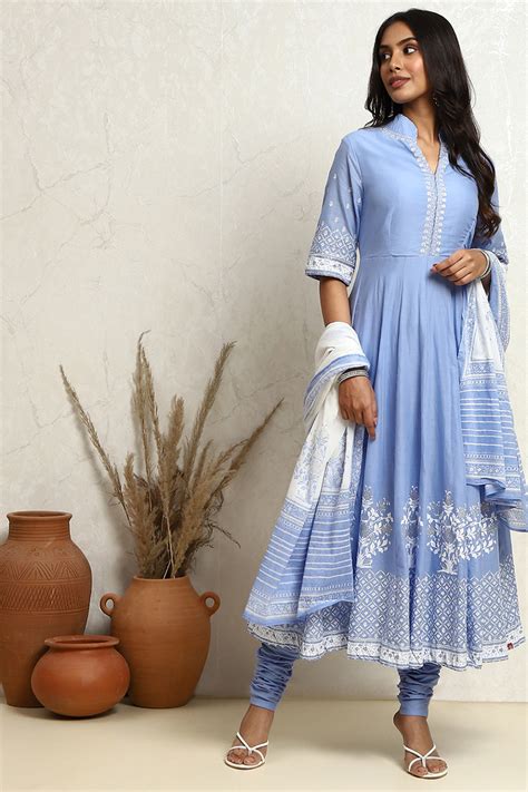 Buy Powder Blue Printed Cotton Anarkali Suit Set Online at Biba Global