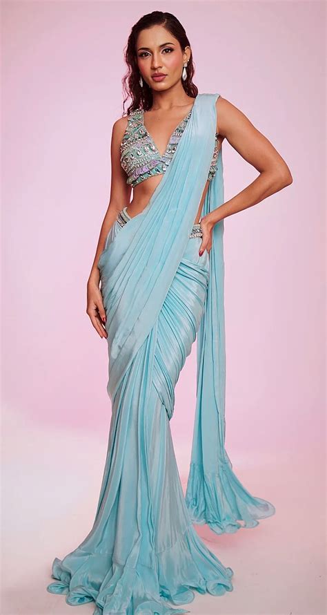 Aqua blue draped saree with embellished V-neck blouse – Anshika Tak ...