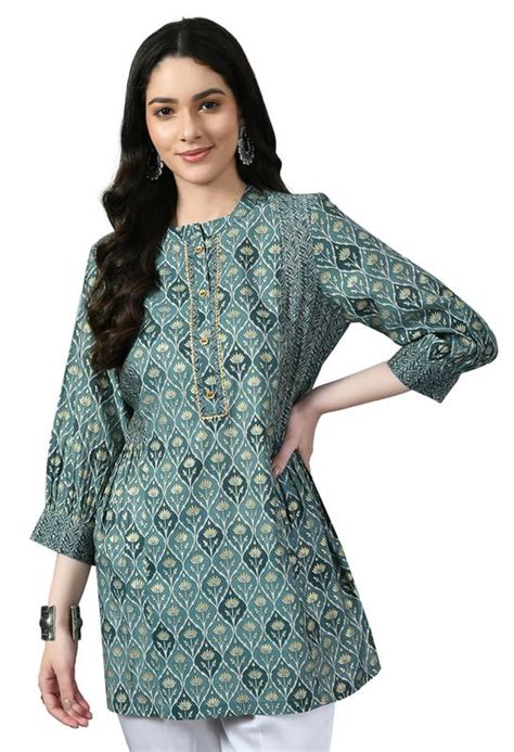 Buy Meesan Women's Beautiful Blue Floral Print 3/4 Sleeves Mandarin ...